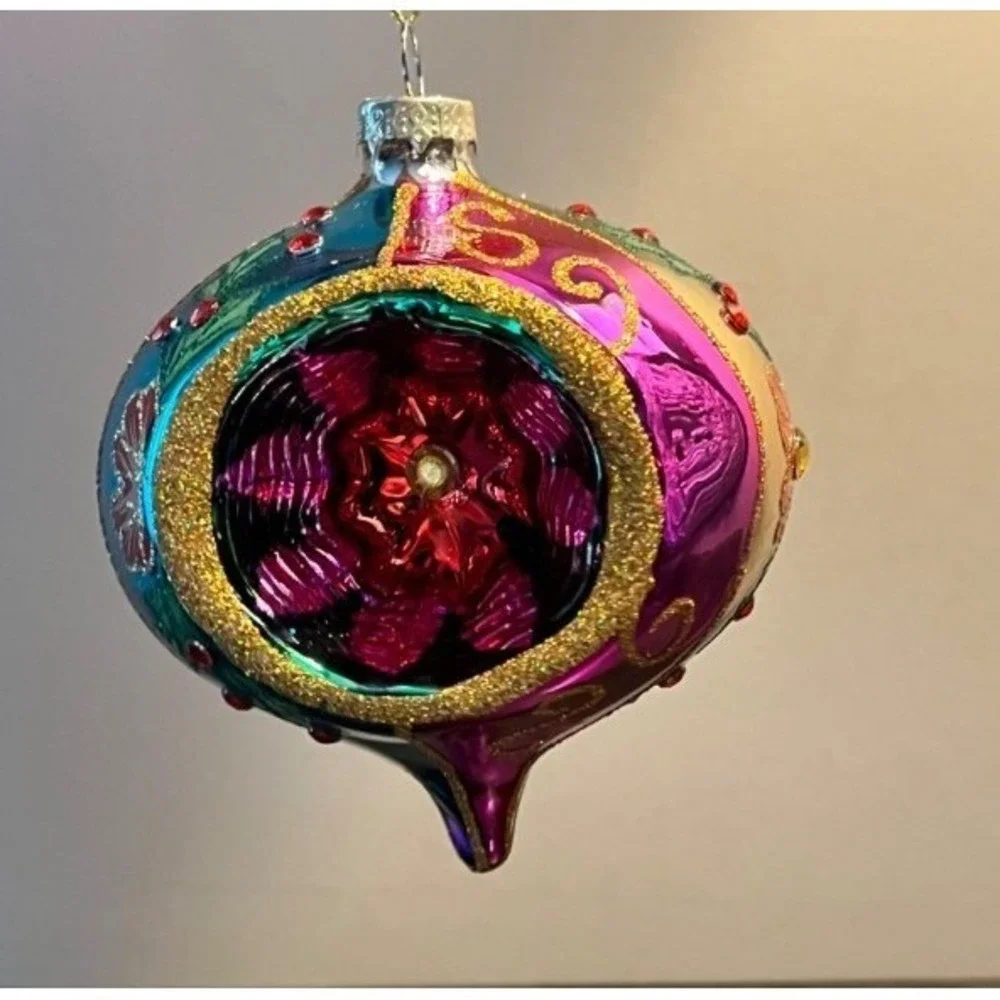 RAZ Imports Multicolor Reflector Glass Christmas Ornament Holly Floral 4.25